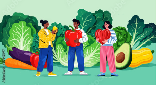 Healthy food, colorful vegetables, people holding produce, fresh market, green background
