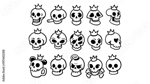 Set of skull ,set of black and white new skulls design, Halloween sculls vector PNG transparent background, skulls set