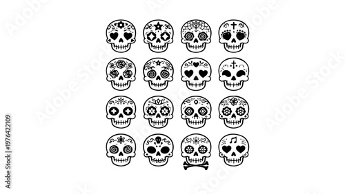 Set of skull ,set of black and white skulls, Halloween sculls vector PNG transparent background, Halloween sculls set