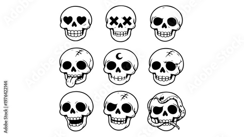 Set of skull ,set of black and white skulls, Halloween sculls vector PNG transparent background, sculls set