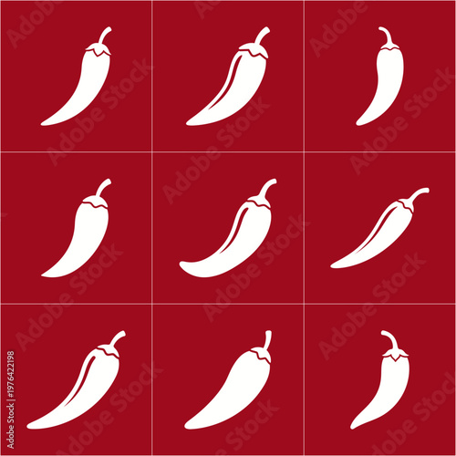 A grid of white chili pepper icons on a red background, creating a bold and eye-catching silhouette pattern, perfect for culinary or cooking themes.