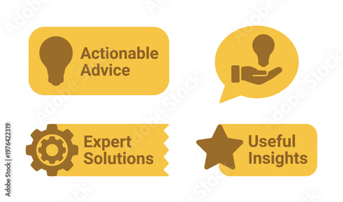 A set of modern flat icons for business concepts like expert solutions, actionable advice, and useful insights. Perfect for web, presentations, or marketing.