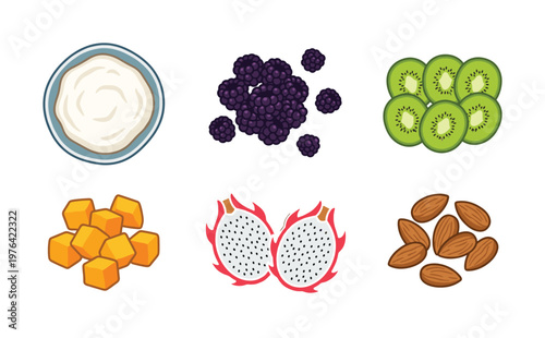Vector set of healthy breakfast ingredients. Colorful cartoon icons of yogurt, fruits, berries, and nuts for diet menus, websites, and nutritional graphics.