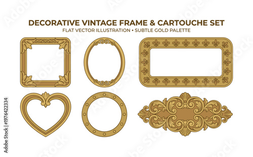 Set of elegant vintage frames and cartouche in gold palette. Classic ornate vector borders for invitations, certificates, labels, and decorative design.