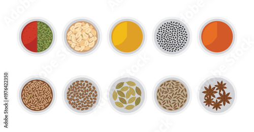 Aromatic spices and seeds in bowls. Vector illustration set for culinary, cooking, and health designs. Flat lay of herbs and seasonings for food concepts.