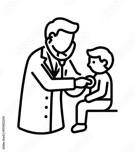 A pediatrician examines a young child patient with a stethoscope. A simple black line art icon for healthcare, medical clinics, and pediatrics concepts.