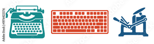 Flat design icons of typewriter, keyboard, and printing press, symbolizing the evolution of writing, communication, and publishing technology from past to present.