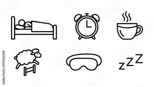 Sleep and wake up icon collection. Minimalist line art symbols for bedtime, insomnia, and morning routine. For wellness apps and health websites.