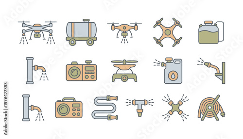 Set of modern farming and irrigation vector icons. Includes drone sprayers, sprinklers, and watering equipment. Perfect for agriculture tech apps and infographics.