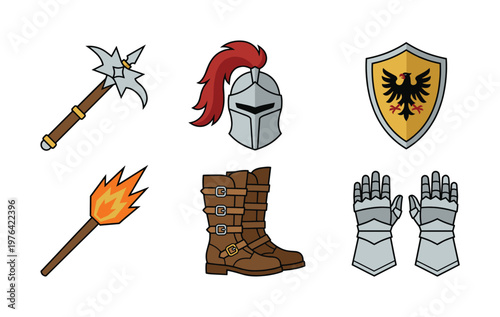 A vector set of medieval knight equipment icons. Includes armor, weapon, shield, and torch. Ideal for fantasy RPG games, historical projects, or educational content.