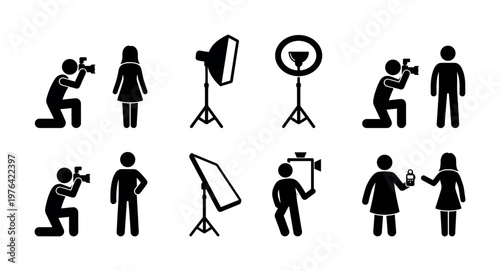 A stick figure icon set of a photographer, videographer, and studio equipment. Includes camera, model, and lighting pictograms for media or business concepts.