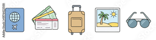 A set of colorful travel icons including a passport, tickets, luggage, photo, and sunglasses. Perfect for vacation, tourism, and journey concepts. Vector illustration.