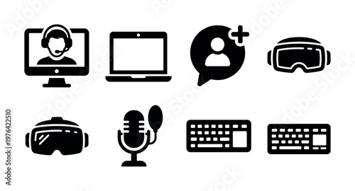 A collection of black glyph icons for technology, communication and virtual reality. Vector set for web design, apps, and presentations about gaming or online support.