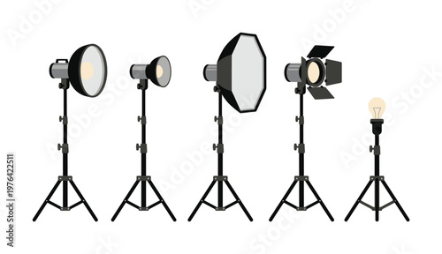 Vector set of professional photo studio lighting equipment. Includes softbox, strobe, and reflector lamps on tripods for photography and filmmaking projects.