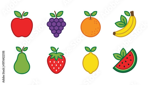 A colorful set of various fruit icons in a simple cartoon style. Perfect for healthy food design, educational materials, and web graphics. Vector illustration.