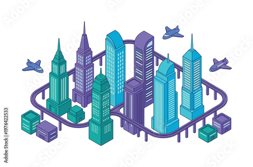An isometric vector illustration of a futuristic city with tall skyscrapers, a modern transport system, and airplanes. Ideal for tech, business, or urban concepts.
