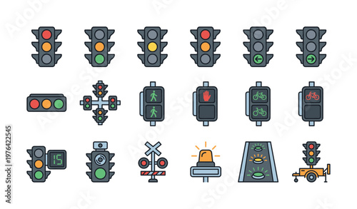 Set of traffic light and road signal icons. Vector illustration for web design, apps, and safety infographics. Includes pedestrian and bicycle signals.