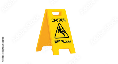 A yellow caution sign with a wet floor warning on a white background