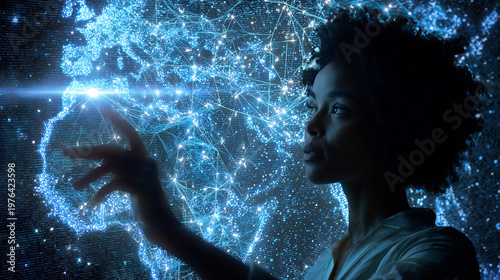 Worldwide network or wireless internet connection futuristic concept. Woman working with linked dots.