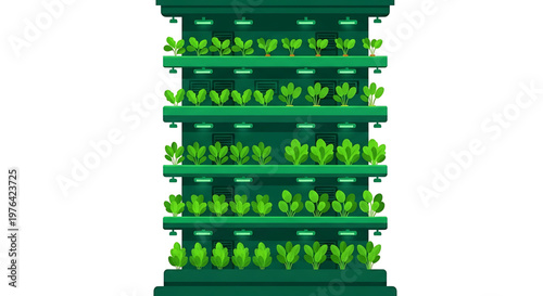 A vector graphic illustration of a green vertical garden with multiple shelves of leafy plants on a white background