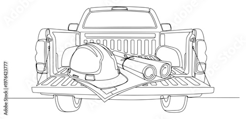Continuous line art of a pickup truck bed carrying construction blueprints and a safety hard hat