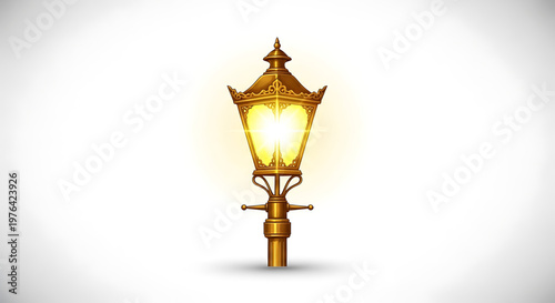 A golden street lamp with a glowing light on a white background