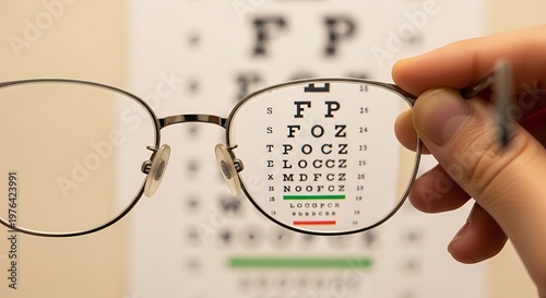 Eyeglasses held by a hand focus on a blurred eye chart to illustrate the concept of vision correction and ocular health.