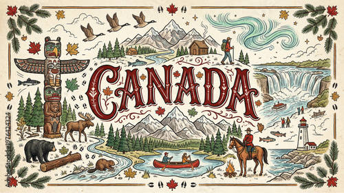 Canada travel poster illustration with nature wildlife and landmarks