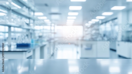 Pristine white laboratory countertop providing a clean surface for product mockups in a sterile research facility with a blurred background, pharmaceutical innovation and medical science research