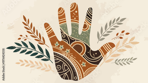 A vibrant illustration of a hand adorned with intricate patterns and surrounded by colorful leaves on a beige background.