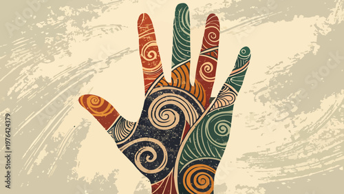 A colorful hand with swirling patterns on a beige background