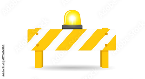 A yellow and black roadblock warning sign with a flashing light on top, used for construction or hazard alerts.