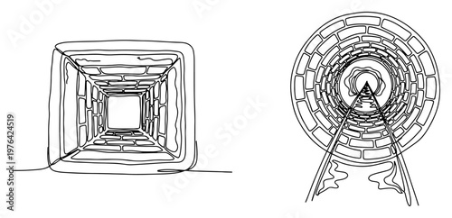 Continuous line illustration of deep tunnel perspectives through square and round brick structures
