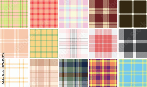 Seasonal plaid pattern set for print shops. Optimized tartan repeats support reliable output. Vector paths remain accurate.