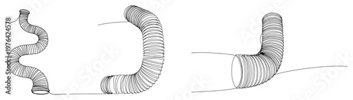 One line drawing of flexible ventilation ducts or corrugated hoses in different positions