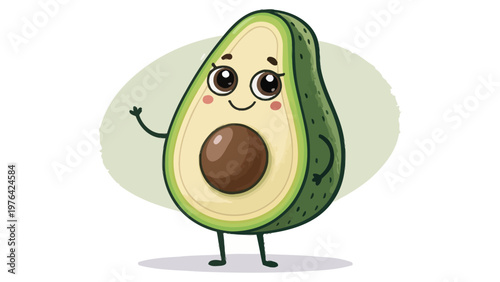 A cartoon avocado character with a smiling face and a waving arm
