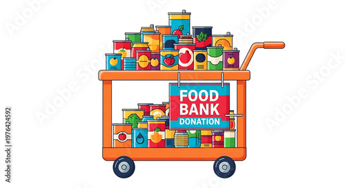 A vibrant illustration of a food bank donation cart filled with various colorful food items