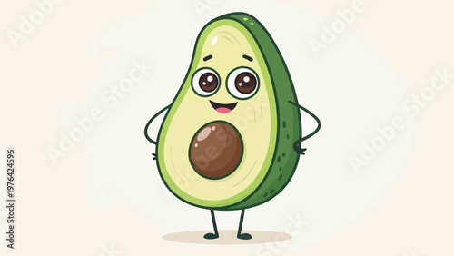 A cartoon avocado with a smiling face and big eyes stands alone on a plain background