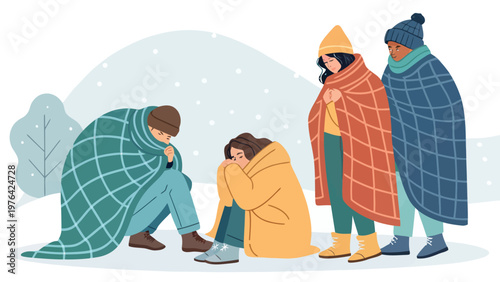 A group of people wrapped in blankets standing and sitting in the snow feeling cold and sad