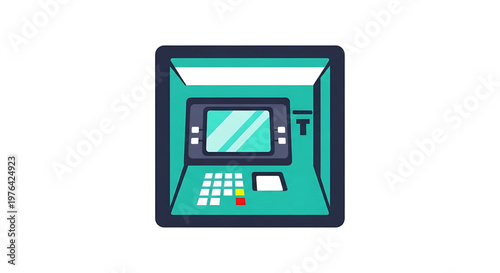 A vector graphic illustration of a modern ATM machine with a teal and black design