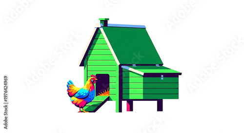 A colorful rooster standing in front of a green chicken coop with a vibrant design