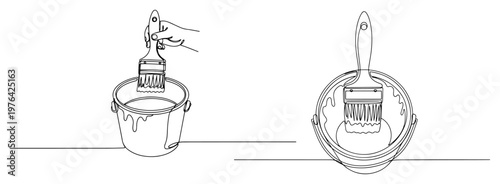 Continuous line drawing of a hand dipping a brush into a paint bucket