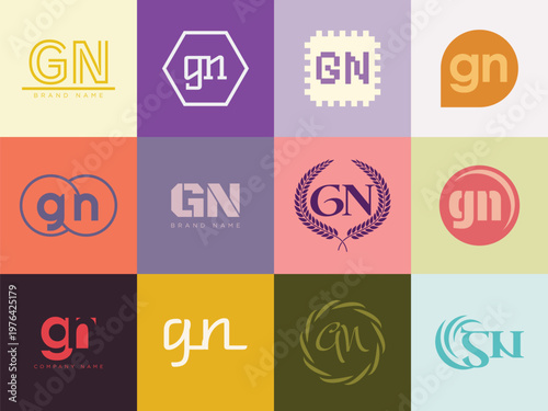 GN logo company template. Letter g and n logotype. Set different classic serif lettering and modern bold text with design elements. Initial font typography.