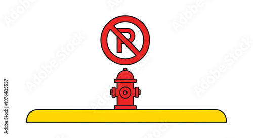A vector graphic illustration of a red fire hydrant with a no parking sign on top, placed on a yellow surface