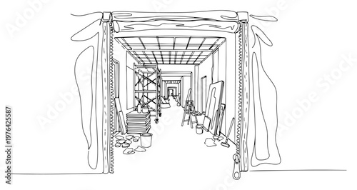 Continuous line drawing of a construction site interior seen through a zipper door