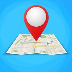 Red map pin on a folded paper map with a blue background location navigation background geography