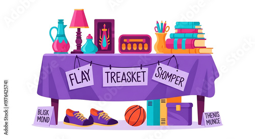 A colorful vector illustration of a purple table with various objects and school supplies on it