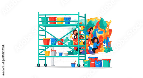 A colorful vector illustration of a scaffolding with paint buckets and people painting a vibrant mural