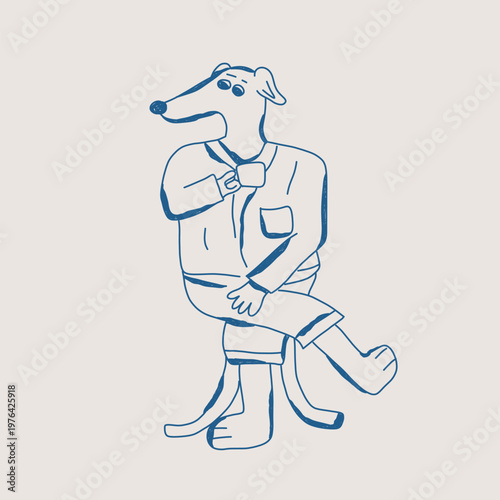 hand drawn dog drinking coffee doodle cartoon character illustration