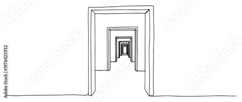 Continuous line illustration of a deep perspective through multiple doorway frames